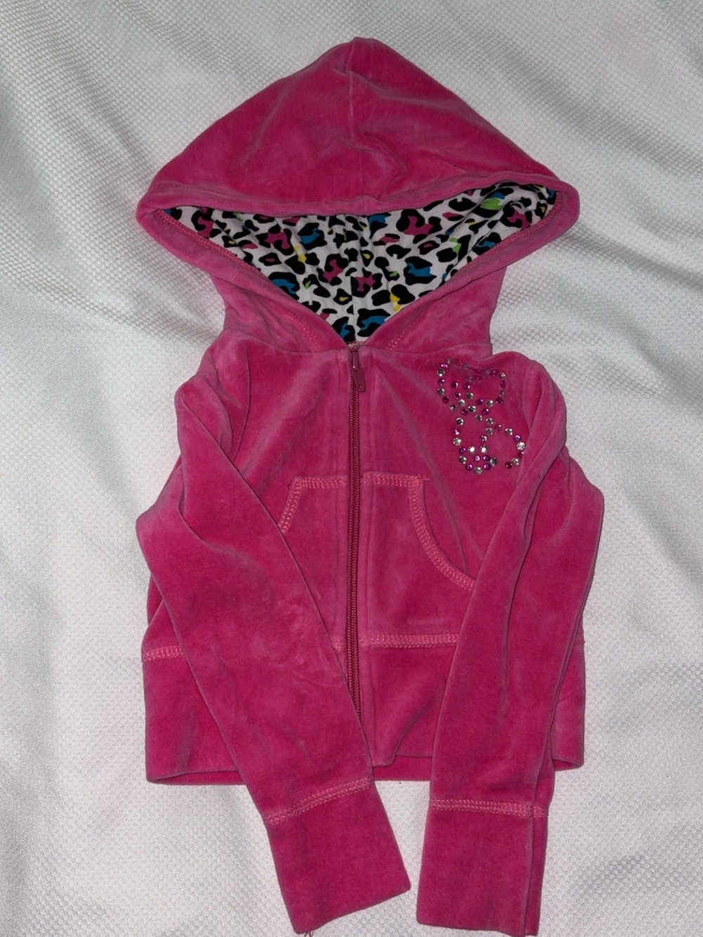 Vintage W Girl Hot Pink Velour Zip Hoodie Leopard Hood Rhinestone Y2K 2T